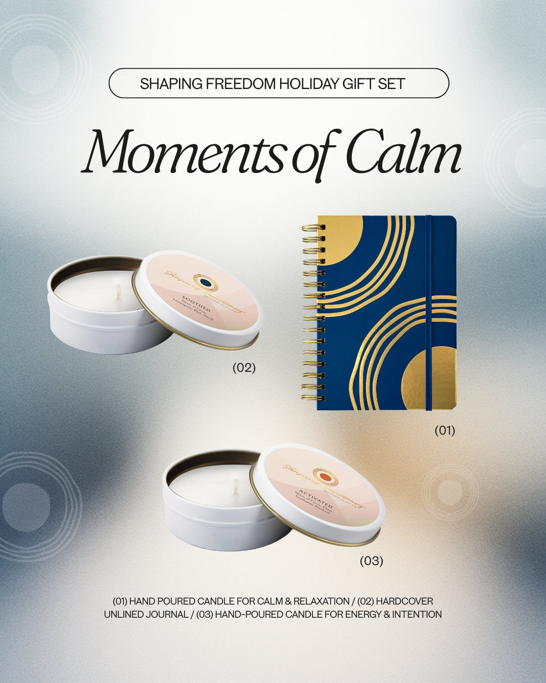 Moments of Calm Gift Set (two elegant, sustainable candles and hardcover journal)